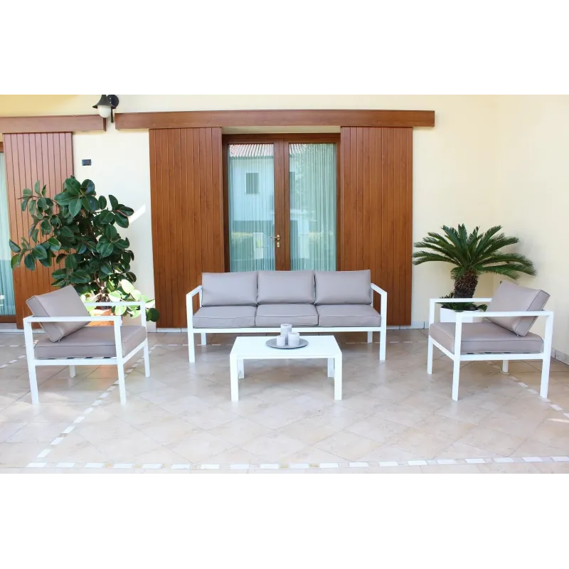 Set Salotto da Giardino in Alluminio Bianco con Divano 3 posti, 2 Poltrone, Tavolino e Cuscini Tortora