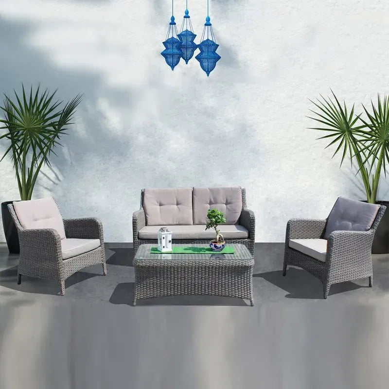 Set Salotto da Giardino in Alluminio e Polyrattan Grigio con Divano 2 posti, 2 Poltrone, Tavolino e Cuscini