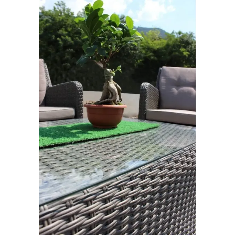 Set Salotto da Giardino in Alluminio e Polyrattan Grigio con Divano 2 posti, 2 Poltrone, Tavolino e Cuscini