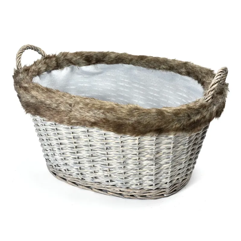 Cesto Ovale con Manici e Pelliccia