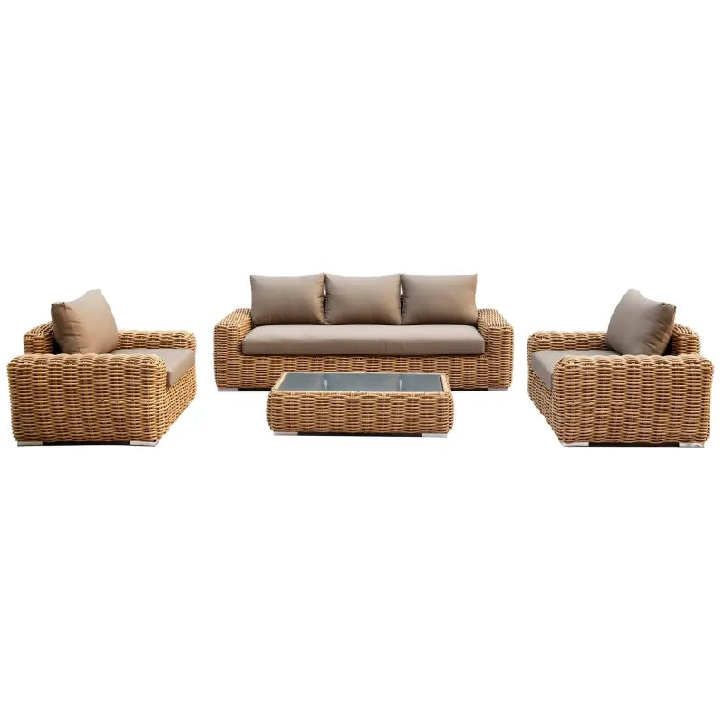 Set Salotto Polyrattan colore Naturale con Divano 3 posti, 2 Poltrone e Tavolino