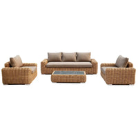 Set Salotto Polyrattan colore Naturale con Divano 3 posti, 2 Poltrone e Tavolino