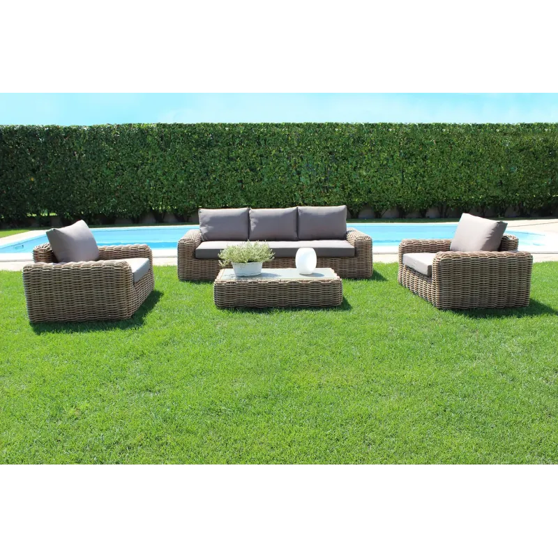Set Salotto Polyrattan colore Naturale con Divano 3 posti, 2 Poltrone e Tavolino