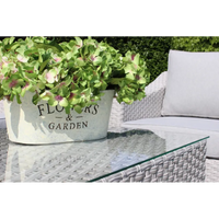 Set Salotto da Giardino in Polyrattan Bianco e Grigio con Divano 3 posti, 2 Poltrone, Tavolino