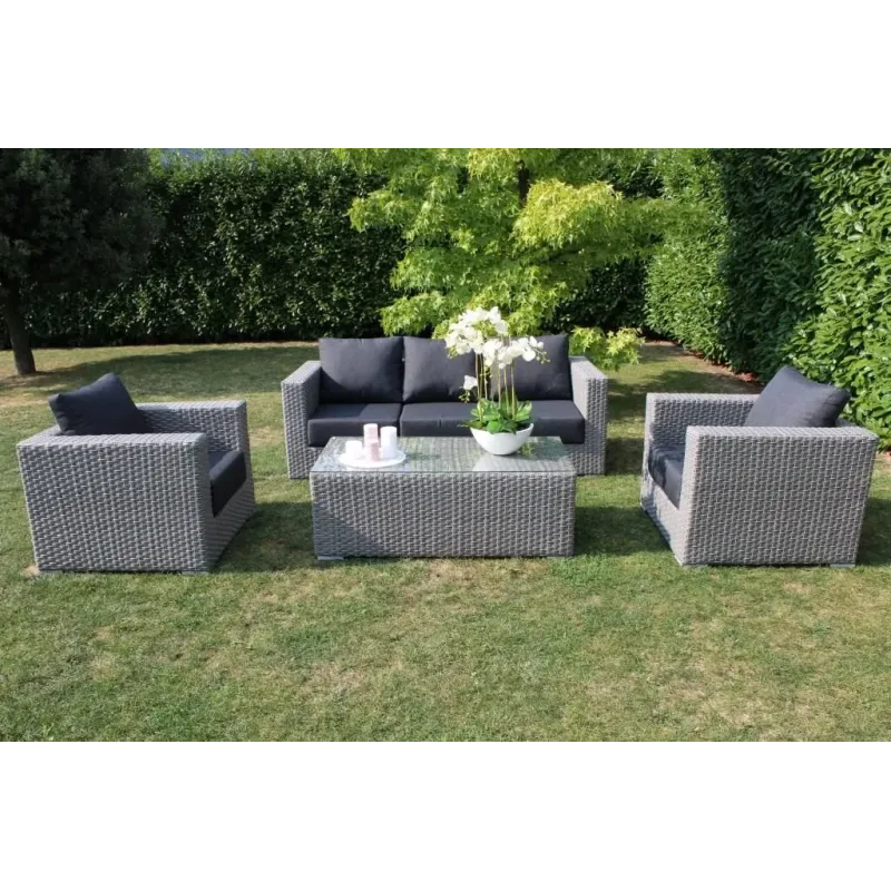 Set Salotto da Giardino in Polyrattan Bianco e Grigio con Divano 3 posti, 2 Poltrone, Tavolino