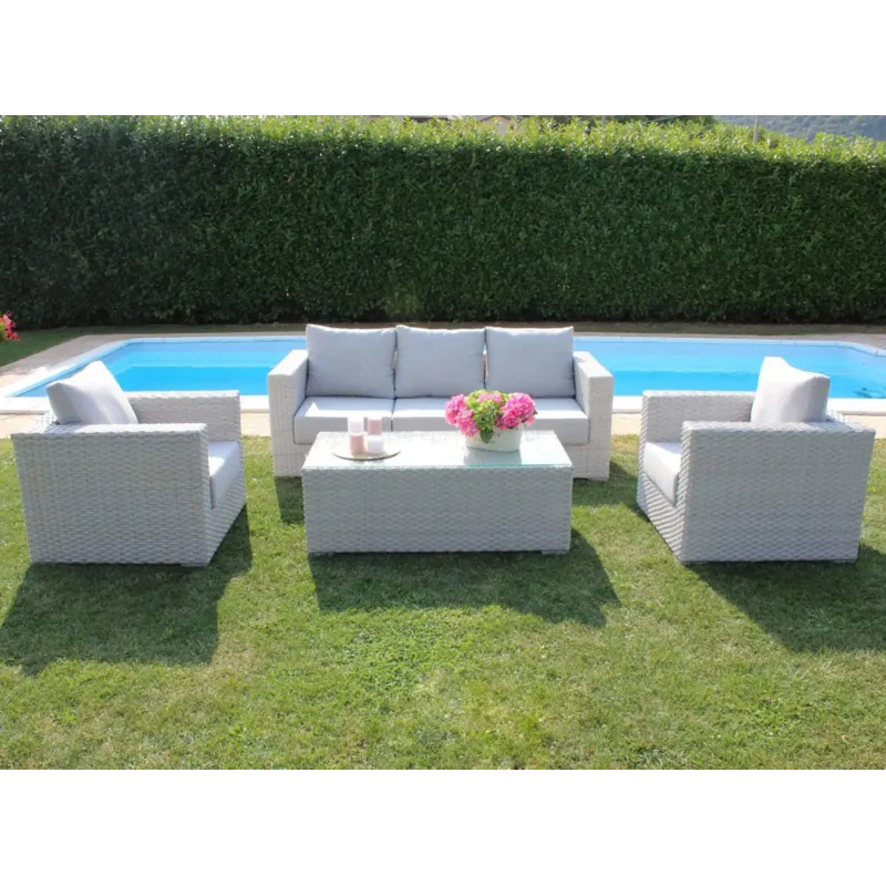Set Salotto da Giardino in Polyrattan Bianco e Grigio con Divano 3 posti, 2 Poltrone, Tavolino