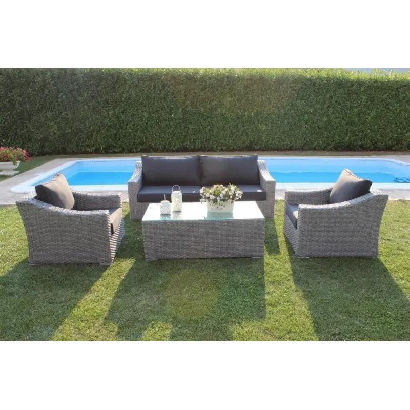 Set Salotto da Giardino in Polyrattan Grigio e Marrone con Divano 3 posti, 2 Poltrone e Tavolino