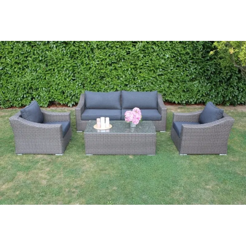Set Salotto da Giardino in Polyrattan Grigio e Marrone con Divano 3 posti, 2 Poltrone e Tavolino