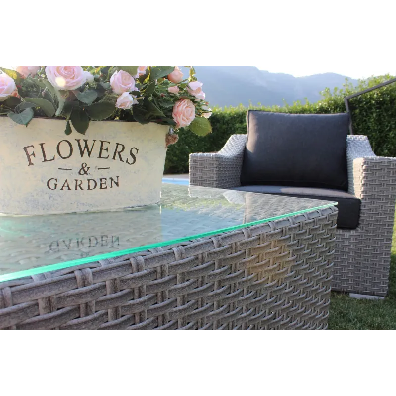 Set Salotto da Giardino in Polyrattan Grigio e Marrone con Divano 3 posti, 2 Poltrone e Tavolino