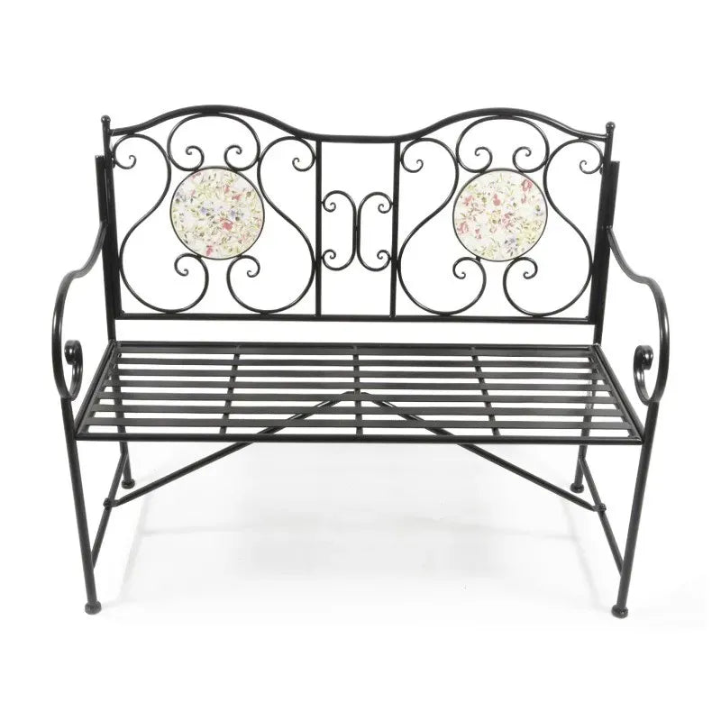Panchina da Giardino Esterno in Metallo Nero con Ceramica Decorata cm.110x43x91