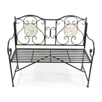 Panchina da Giardino Esterno in Metallo Nero con Ceramica Decorata cm.110x43x91