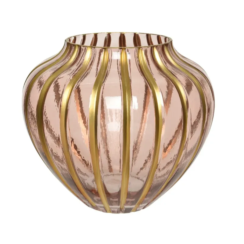 Vaso Vetro Rosa con Striature Oro h 22 Cm