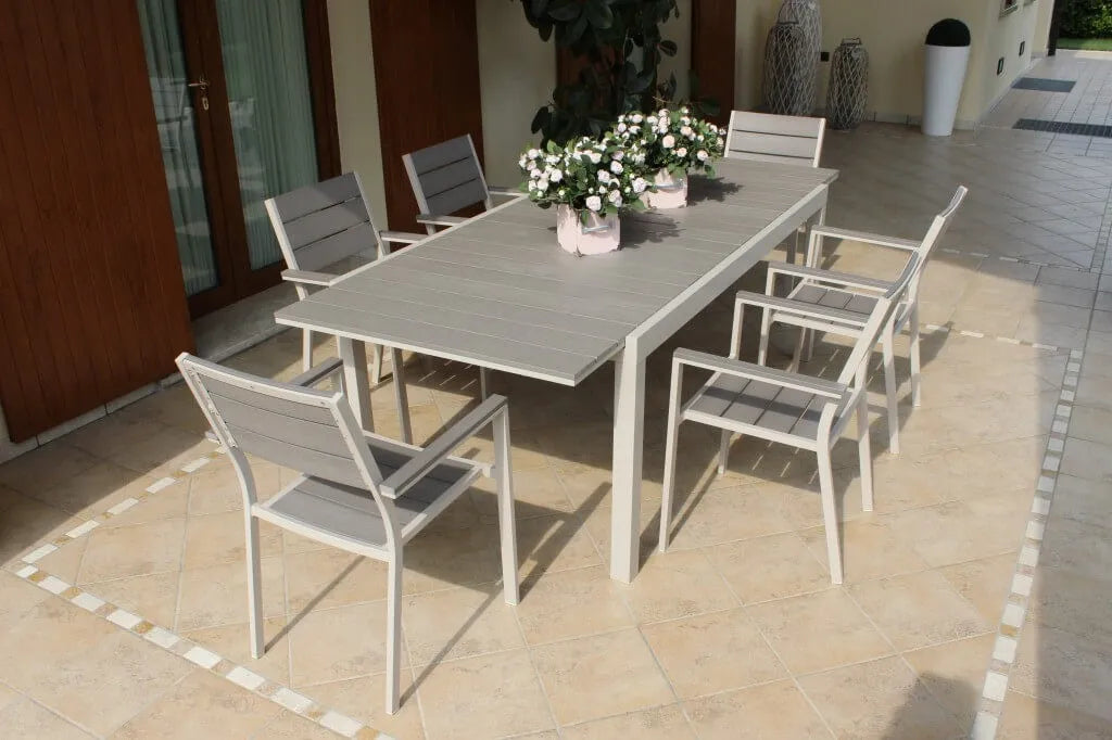Tavolo da Giardino Esterno in Alluminio Tortora e Polywood Allungabile 180/240x100x73h fino a 10 Posti