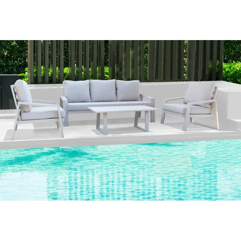 Set Salotto da Giardino in Alluminio Grigio con Divano 3 posti, 2 Poltrone e Tavolino